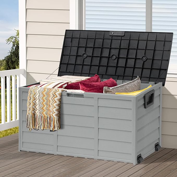 Crownland Modern Rectangular Deck Box, 75 Gallon Sun-proof Woodgrain Patio Storage Box for Garden, Balcony, Grey