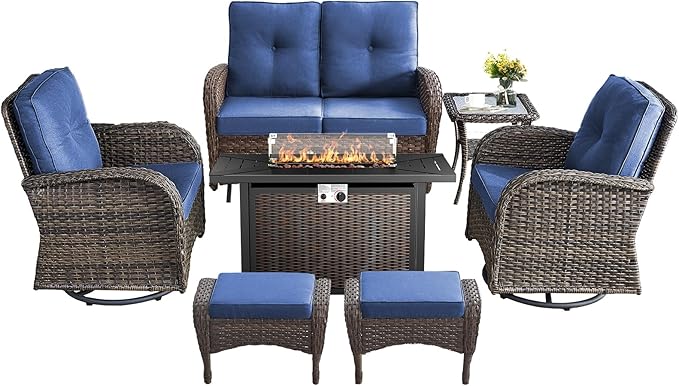 7 Pieces Outdoor Furniture with Fire Pit Deep Seating Outdoor Glider Loveseat with Patio Swivel Chairs Outdoor Furniture Set for Deck Porch Garden Balcony Poolside-Brown/Blue