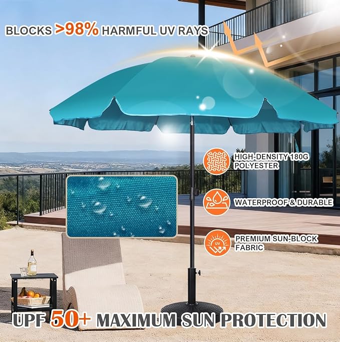 Blissun 6.5ft Patio Umbrella with Push Button Tilt & Height Adjustable, UV50+ Sun Protection with Sturdy Fiberglass Ribs & Iron Pole, Market Umbrella for Outdoor Table Garden Backyard Beach