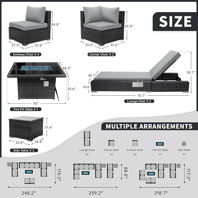 BULEXYARD 11 Piece Large High Back Outdoor Patio Furniture Sets with Firepit and Loungers, Cozy Extra Deep Wide Seating Sectional Conversation Couch Backyard Sitting Sets, Grey Wicker & Gray Cushion