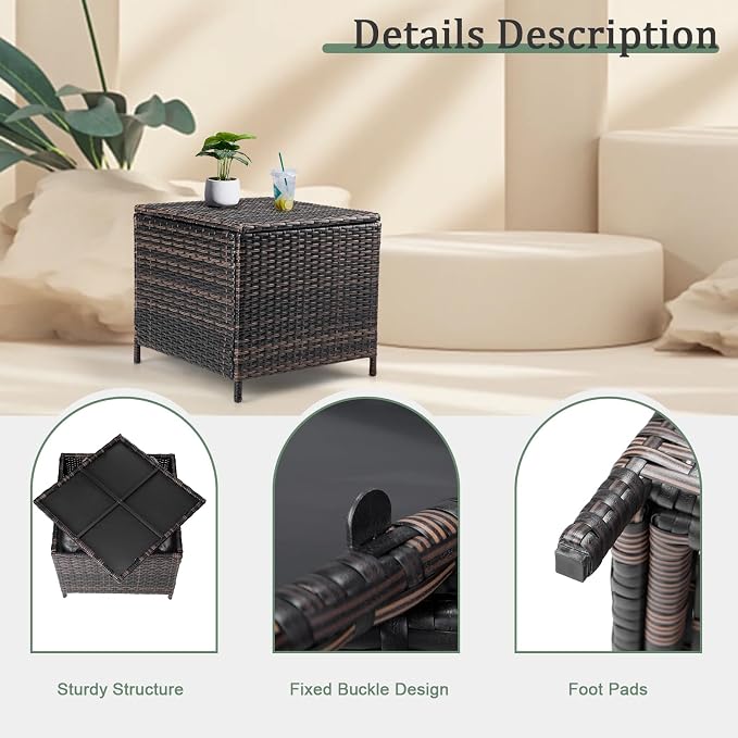 20.8in Outdoor PE Wicker Side Table,Square Patio Rattan End Table,Outside Storage Bin Container,All-Weather Small Storage Box Tables,with Lid,for Garden Porch Poolside Deck Backyard (Brown)