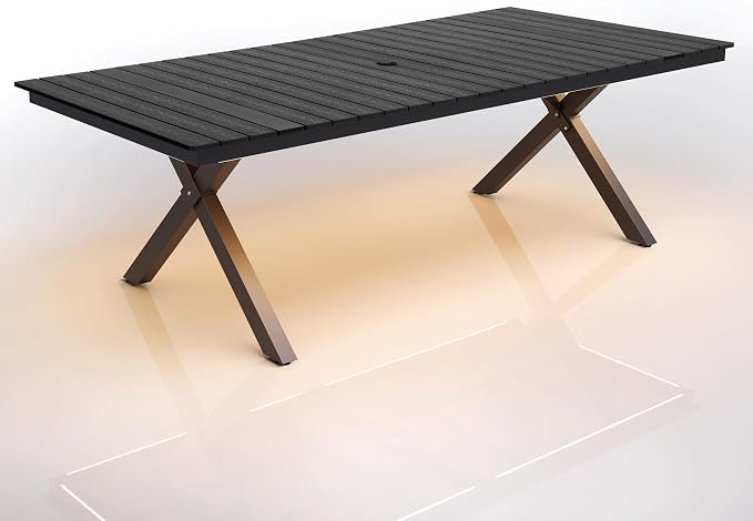 Pellebant 94" Outdoor Dining Table with LED Lights, 8-10 Person Aluminum Patio Table with Umbrella Hole, Sturdy Frame & 8ft Wood Grain Tabletop for Deck, Porch, Backyard