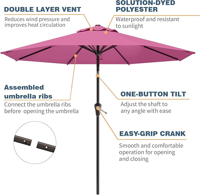 10FT Patio Umbrella, Outdoor Umbrella with Push Button Tilt and Crank, 8 Sturdy Ribs, UV Protection & Waterproof Market Umbrella for Pool, Backyard, Beach,Deck (Rose Pink)