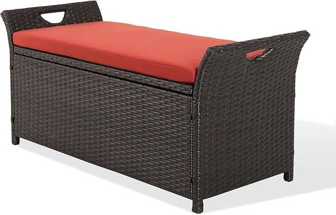 Generic Patio Wicker Storage Bench Outdoor Rattan Deck Storage Box with Red Cushion CI284