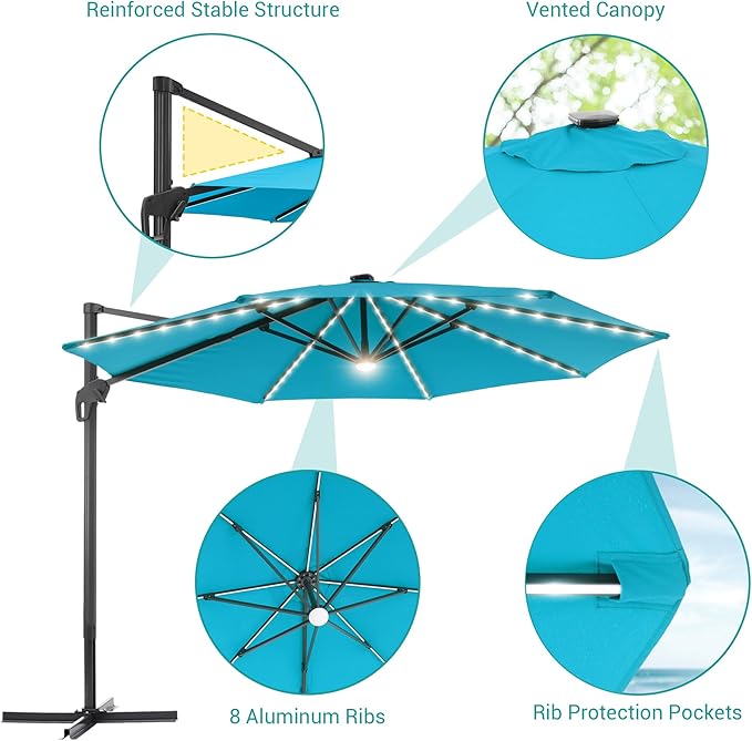FLAME&SHADE 11 ft Cantilever Offset Patio Umbrella, Large Heavy Duty Outdoor Patio Umbrella Aluminum 360° Rotation Round Outdoor Umbrella for Deck,Pool,Backyard