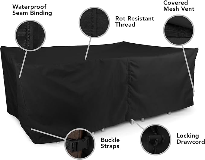 Covermates Ultima Outdoor Rectangular Dining Table & Chair Cover with Umbrella Hole – All-Weather Water-Resistant Rip-Resistant Polyester, Drawcord & Buckle Straps, 118W x 68D x 30H, Ripstop Black