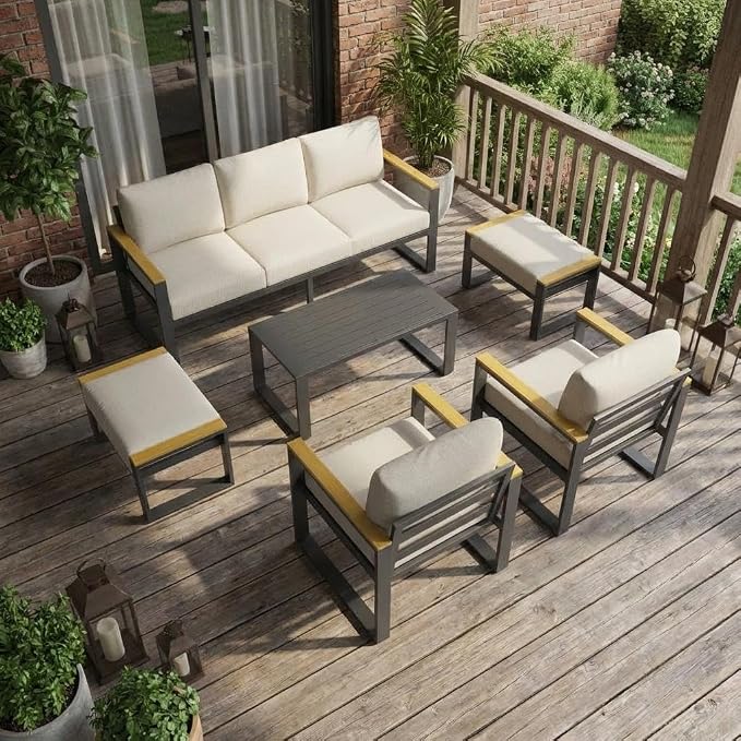 Aluminum Patio Furniture Set, 7 Seats Outdoor Patio Conversation Sets with Coffee Table, 6 Pieces Metal Conversation Sectional Furniture Sofa for Balcony, Garden, Deck, Backyard,Beige