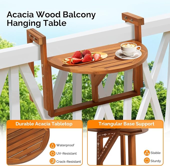 VINGLI 22in Acacia Wood Folding Balcony Hanging Table – Adjustable Height & Width, Balcony Railing Table Ideal for Different Railing Widths,Perfect for Balcony,Patio,Semicircular,Natural Wood Color