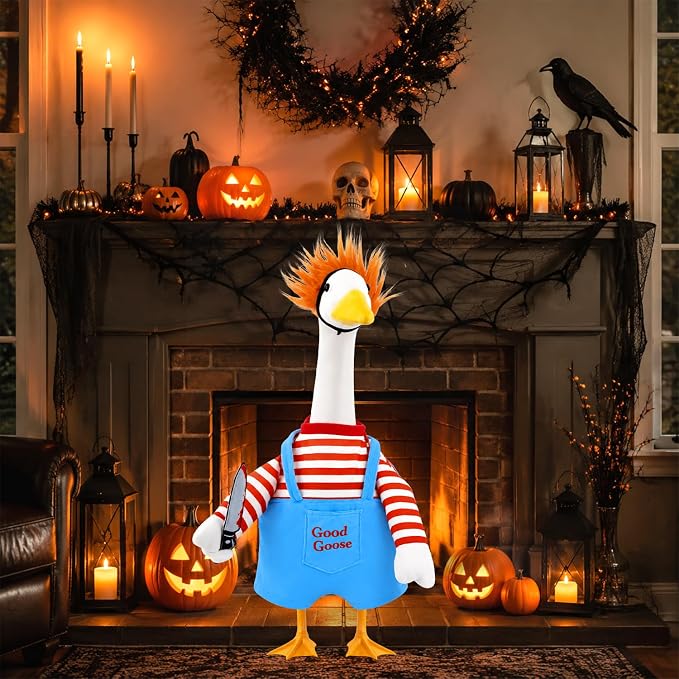 Halloween Goose Outfit Scary Porch Goose Costumes for Outdoor Decor | for 23''H Plastic/Cement Statues, Halloween Geese Jumpsuit Overalls Clothes Lawn Patio Yard Decorations