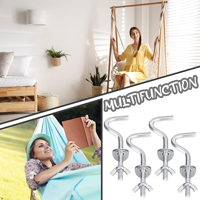 Gisafai 4 Packs Hammock Hooks Zinc Heavy Duty Replacement Hooks 3/8 Inch Portable Hammock Fit Column Diameters of 1-1/4 to 2 Inches Stand Accessories(Silver)