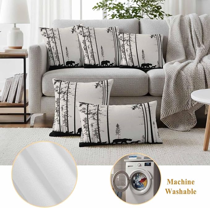 Abstract Outdoor Waterproof Throw Pillow Covers Set of 2, 20"x20", Animal Bear Family Forest Trees Silhouette Decorative Pillow Covers Outside Cushion Case for Patio Porch Garden