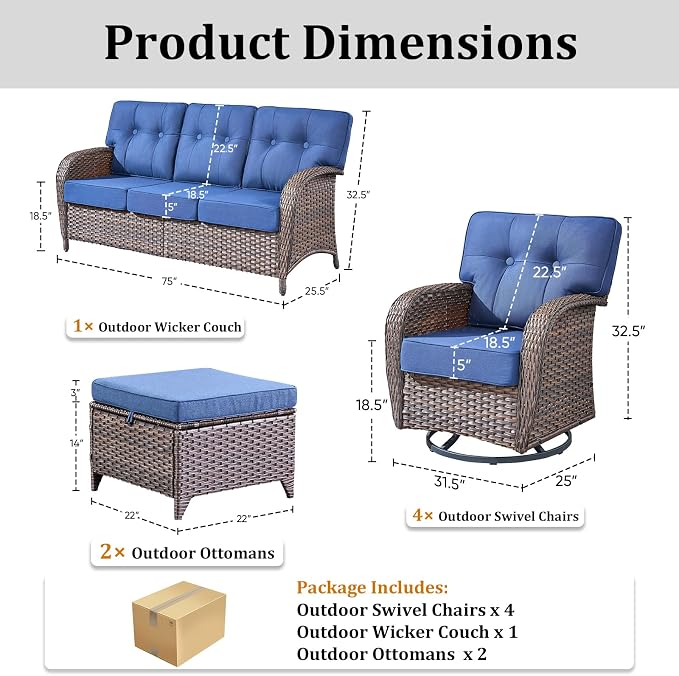 7-Piece Wicker Patio Furniture Set with 5-Inch Thick Cushions Weather Resistant Rattan High Back Swivel Rocker Chairs Senior Friendly Conversation Set for Small Porch Deck Sunroom Brown/Blue