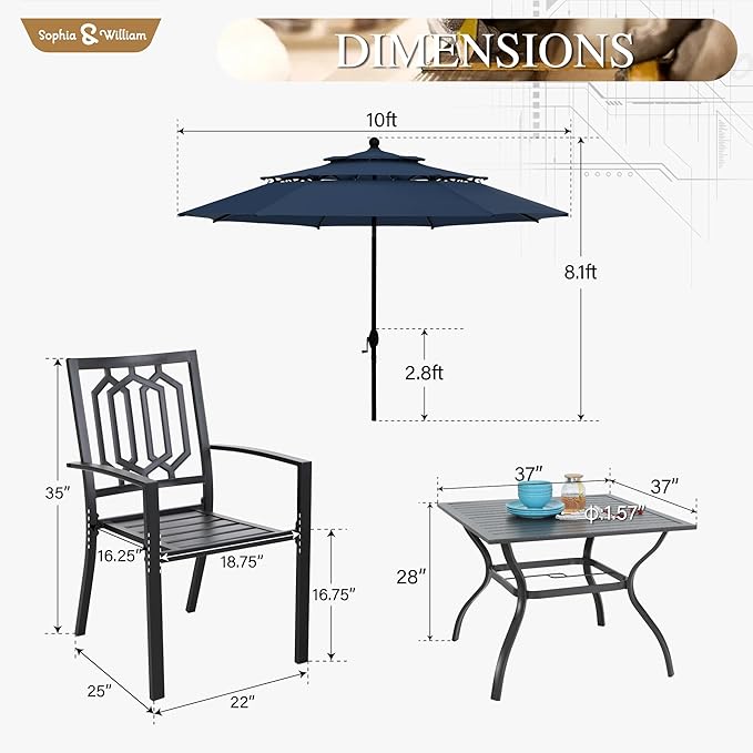 Sophia & William Patio Dining Set for 4 with 10ft 3 Tier Auto-tilt Umbrella, Outdoor Table Furniture Set with 4 x Metal Outdoor Chairs, 1 x Metal Square Dining Table and 1 Navy Blue Patio Umbrella