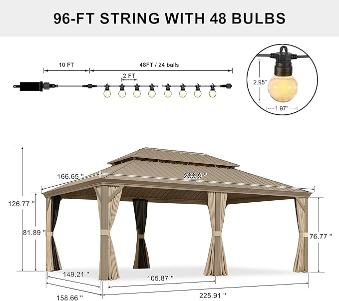 PURPLE LEAF Outdoor Gazebo 14'X20'，Champagne Hardtop Gazebo with Galvanized Steel Double Roof, Permanent Patio Gazebo with Curtains and Netting for Patio Lawn Garden and Deck