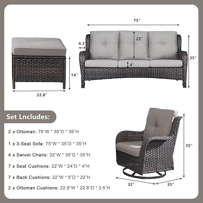 Rilyson Wicker Patio Furniture Set - 7 Piece Rattan Outdoor Sectional Conversation Sets with 4 Swivel Rocking Chairs,2 Ottomans and 1 Sofa for Porch Deck Garden(Brown/Grey)