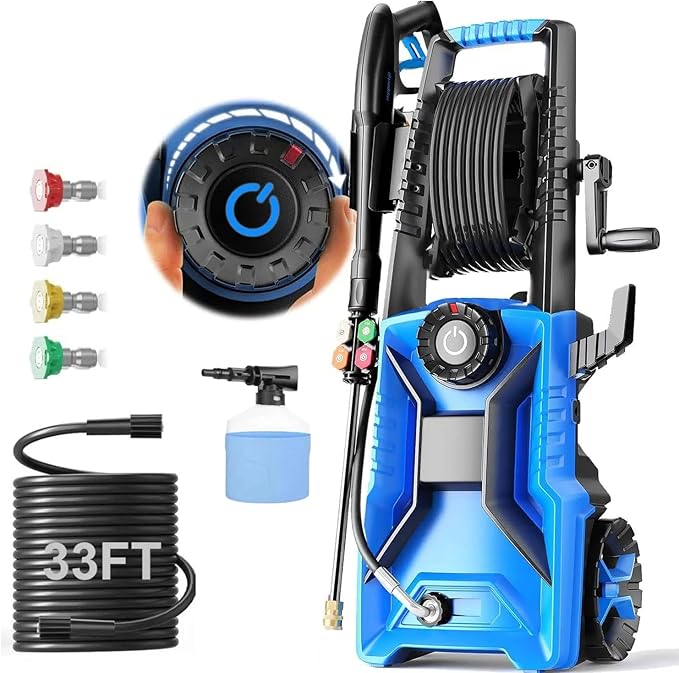 5000PSI Electric Pressure Washer, 2500-5000 PSI Adjustable Power Washer with 33ft Hose Reel, 4 Nozzles & Detergent Tank for Cars/Home/Driveways, Blue