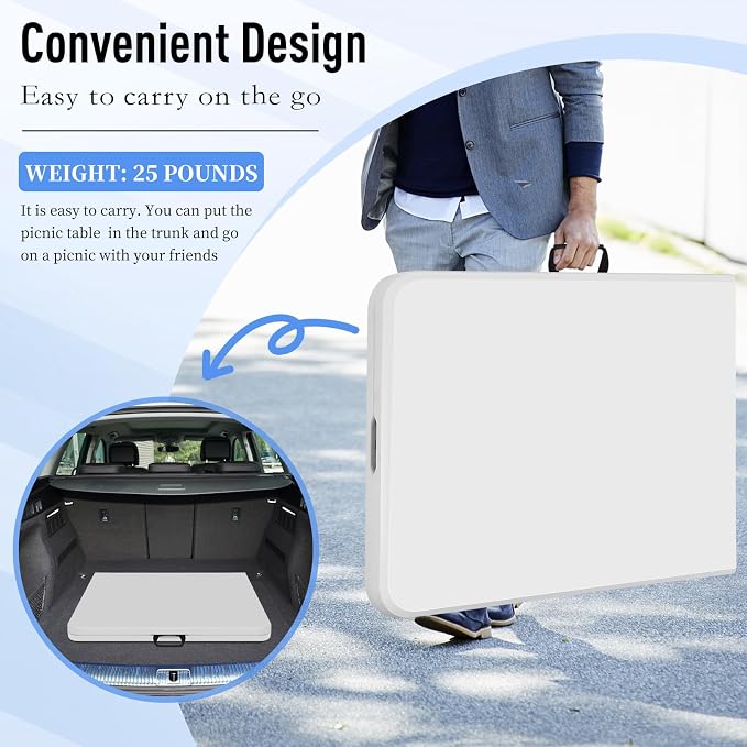 6FT Folding Table, Heavy Duty Plastic Table Portable Fold-in-Half Utility Table Indoor Outdoor Picnic Table w/Handle & Lock for Camping BBQ Party Wedding Market Events, 500LBS