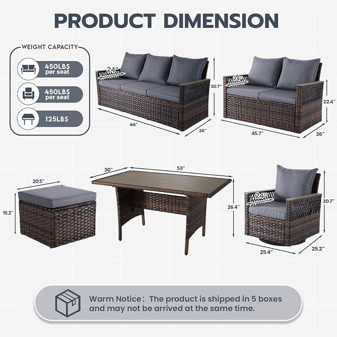 HOMREST 53" Outdoor Patio Dining Table, Handwoven PE Rattan Wicker Rectangular Table for 4-6 People with Metal Frame for Backyard, Porch, Deck, Balcony, Garden Furniture, Brown