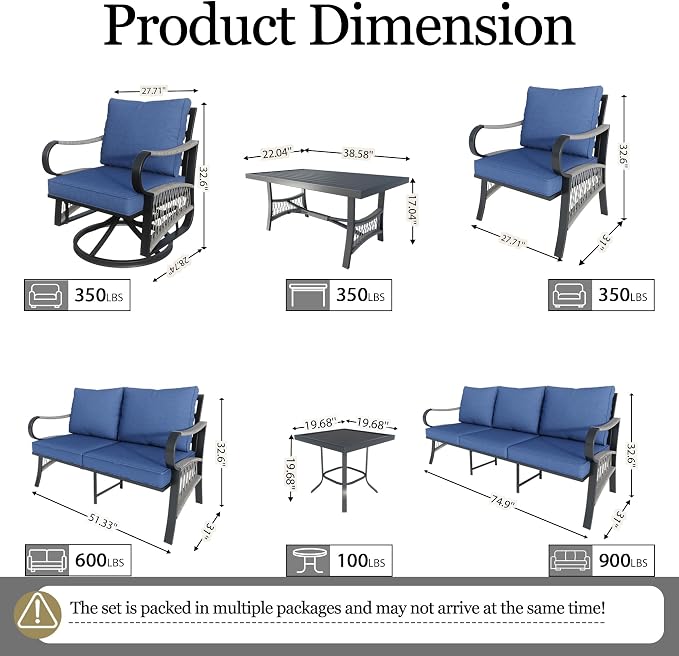 12 Pieces Patio Conversation Sets, All-Weather Metal Swivel Rocking Chairs with Rope Furniture Set, Outdoor Sofa Couch for Deck, Porch, Garden, Backyard, Poolside (Blue Cushions)