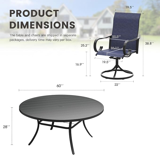 9 Pieces Patio Dining Set, 8 Outdoor Swivel Dining Chairs with 60" Round Metal Outdoor Dining Table with Umbrella Hole for Garden Backyard Deck, Dark Blue & Black