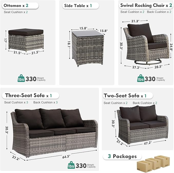MEISSALIVVE 7 Pieces Patio Furniture Set with Swivel Chair, Wicker Patio Sofa, Rattan Conversation Set with Three-seat Sofa, 2 Ottomans and Loveseat for Lawn Backyard (Black)