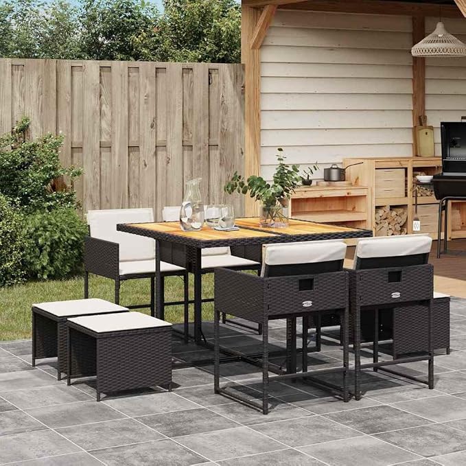 9 Piece Garden Dining Set for 8, Black Brown Acacia Wood | Poly Rattan, Cream White Washable Cushions, Foldable Chairs, Patio Table