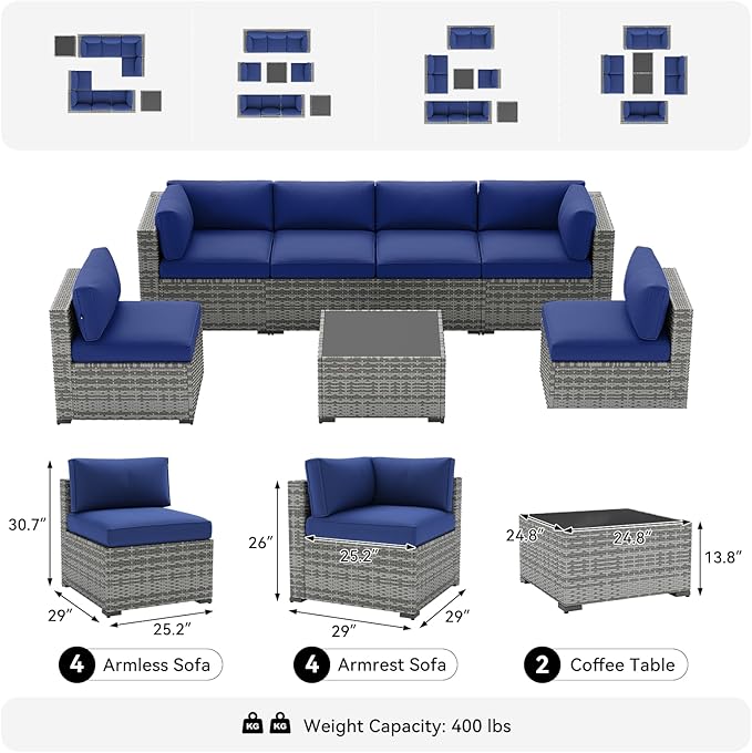 LazySunsets 10-Piece Patio Furniture Set, Wicker Rattan Outdoor Furniture with Thick Cushions, Patio Conversation Sets with Coffee Table, Outdoor Sectional Couch Sofa with Waterproof Cover, Blue