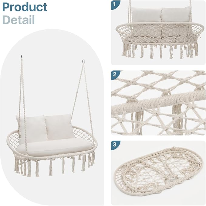 Double Hammock Chair for Indoor & Outdoor Use, Durable Woven Cotton Ropes & Iron Frame, Comfortable Seating for Patio Garden and Porch, 700 lbs Capacity, White