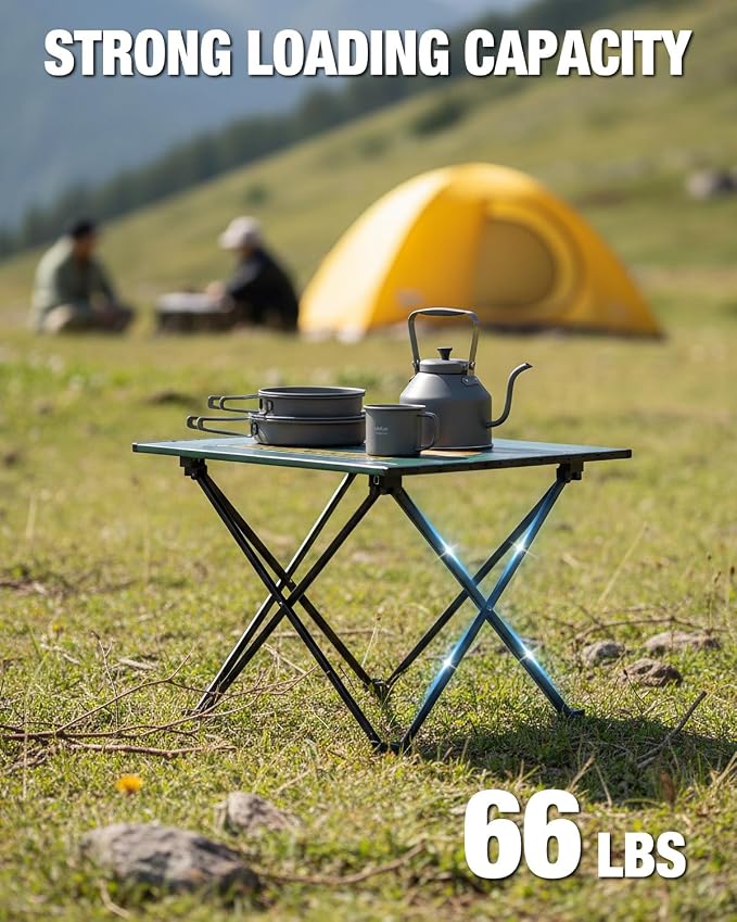 VILLEY Portable Camping Side Table, Ultralight Aluminum Folding Camp Table with Mountain Silhouette Print and Carry Bag, Compact Outdoor Picnic Table for Camping, Beach, Hiking, Travel, Small