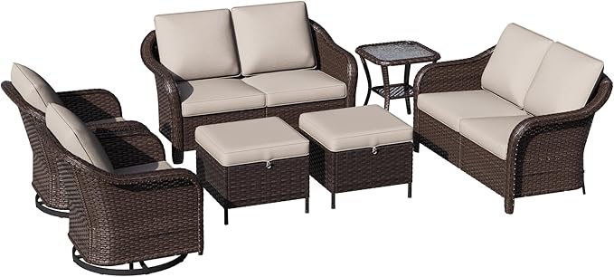 7 Piece Patio Wicker Conversation Set, 2 All-Weather Use Outdoor Wicker Loveseat with 2 PE Rattan Ottomans,2 Swivel Chair, 1 Side Table, Ideal for Porch, Backyard, Balcony, Poolside, Beige
