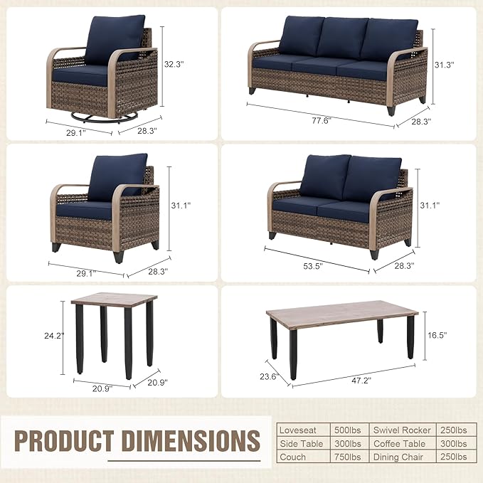 Modern Wicker Patio Furniture Set, Rattan Outdoor Conversation Set， 2 Patio Chairs, 2 Swivel Rocking Chairs, 3 Seat Couch, Loveseat, Coffee Table and Side Table, 8 Pieces, Brown/Blue