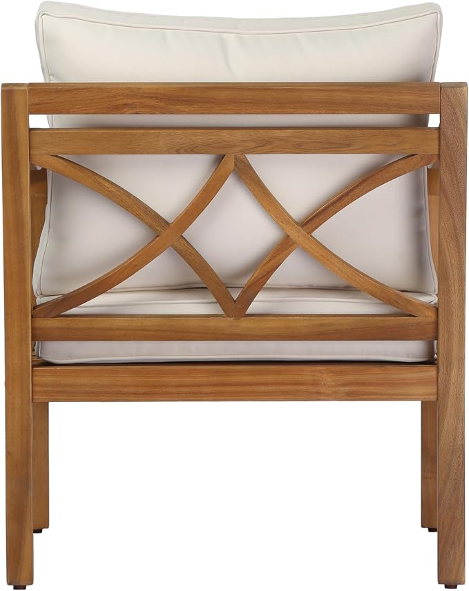 Merax Outdoor Acacia Wood Armchair with Elegant Cross Back Design, Deep Seating Patio Lounge Chair with Removable Soft Cushion for Porch, Garden, Backyard, Balcony, Teak & Beige