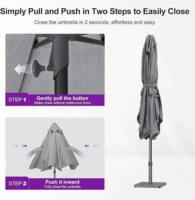 PURPLE LEAF 6 X 10 FT Semi-Auto Outdoor Patio Umbrella Market Table Sun Umbrellas with 6 Aluminum Sturdy Ribs for Backyard Deck Garden Pool (Gray Pole Gray Canopy)