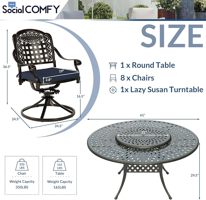 9-Piece Patio Cast Aluminum Dining Set, Outdoor Dining Furniture Set for 8 Person, Includes 8 Swivel Dining Chairs and 61" Round Dining Table w/ 31" Lazy Susan, Umbrella Hole, Navy Blue