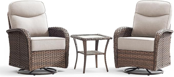 Luxury Wicker Patio Furniture Set with 6-Inch Thick Cushions, 3 Pieces Outdoor Swivel Rocker Patio Chairs Set of 2 with Rattan Side Table, Outdoor Patio Conversation Sets for Garden Deck, Beige