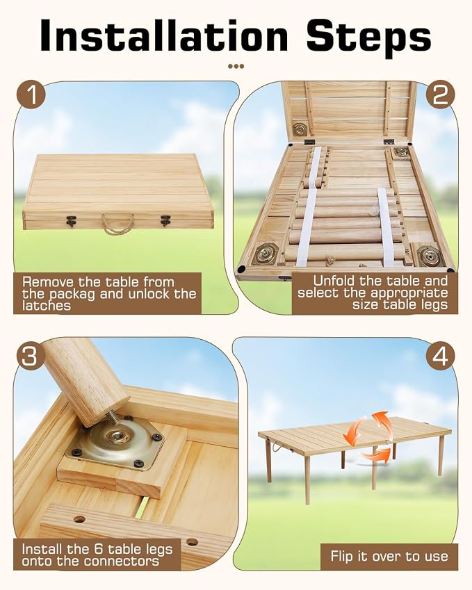 60" X 30" Boho Low Picnic Table, Portable Wooden Picnic Table with 3 Adjustable Heights, Natural Pine Wood Floor Table for Camping, Weddings, Beach & Family Gatherings, Seating for 6-8 People
