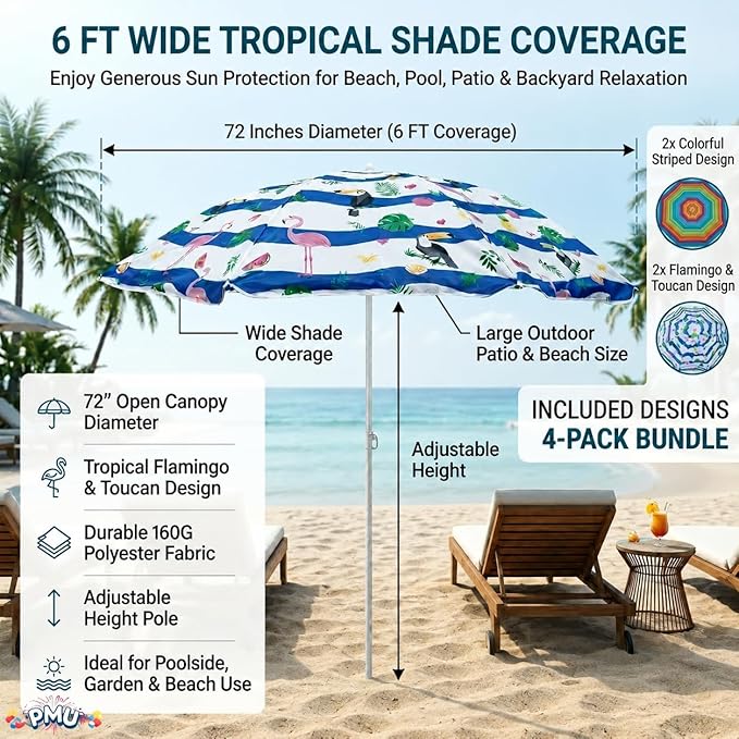 PMU 4 Pcs Set Beach Umbrella 72in Open – Tropical Flamingo Print & Rainbow Stripe, 160G Polyester Large Outdoor Patio Pool Parasol Umbrella for Garden, Deck, Backyard & Pool