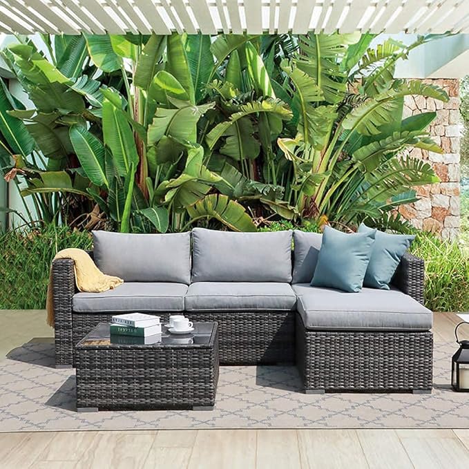 Patiorama 5 Piece Outdoor Patio Furniture Set, Sectional Conversation All-Weather Grey PE Wicker w/Light Cushions, Backyard Porch Garden Poolside Balcony Set
