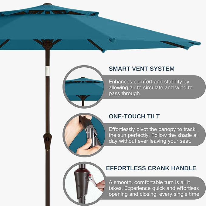 9FT Patio Umbrella 2-Tier Outdoor Market Table Umbrella with Push-Button Tilt & Crank | UPF 50+ & Waterproof for Backyard,Garden,Pool,Deck (Lake Blue)