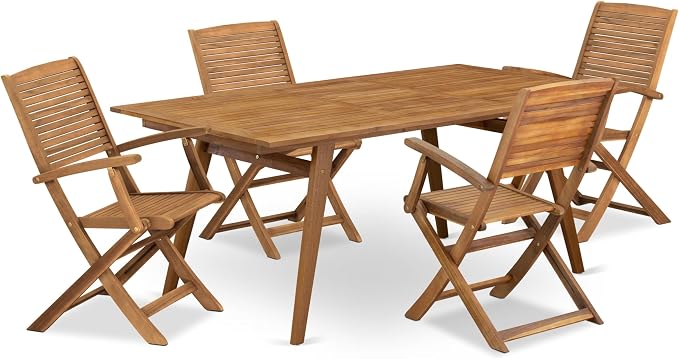 East West Furniture DEHD5CANA 5 Piece Patio Garden Table Set Includes a Rectangle Outdoor Acacia Wood Dining Table and 4 Folding Arm Chairs, 40x72 Inch, Natural Oil