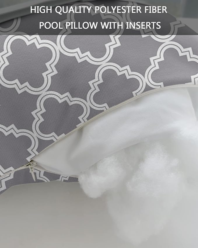 Outdoor Pillows Covers with Inserts Grey Moroccan Pattern Geometric Waterproof Recliner Pillow with Adjustable Strap Throw Pillows for Patio Furniture Pool Lounge Chair, 12x20 inch, 2PCS