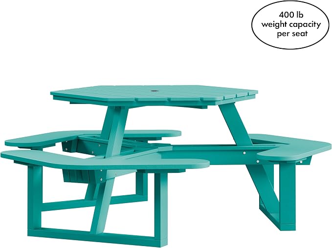 Shoreline Made in USA Hexagon Picnic Table, Seating for 6, Seaglass Blue