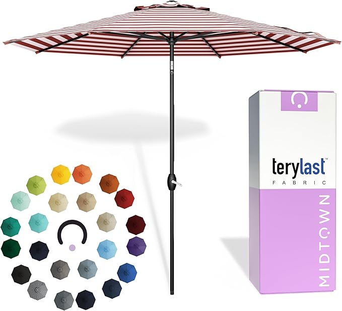 Midtown Umbrellas - 10-Year-No-Fade 10 Ft Patio Umbrella with Terylast Fabric, Auto-Tilt Aluminum Frame and 8 Reinforced Ribs for Deck, Pool, Garden & Beach - Red/White Stripes Canopy, Black Pole
