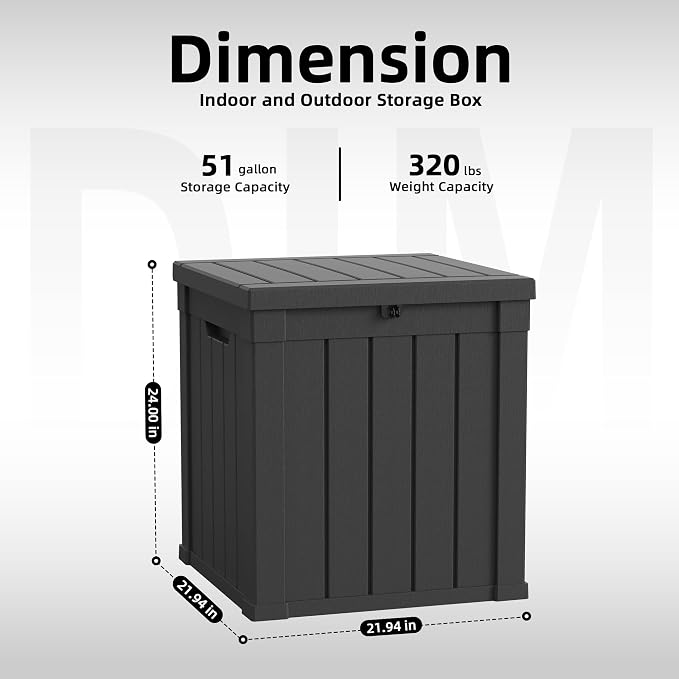 EasyUp 51 Gallon Outdoor Storage Box, Outdoor Deck Boxes for Garden Tools Equipment,Cushions and Patio Storage,Lockable and Resin,Easy to Install(Black)