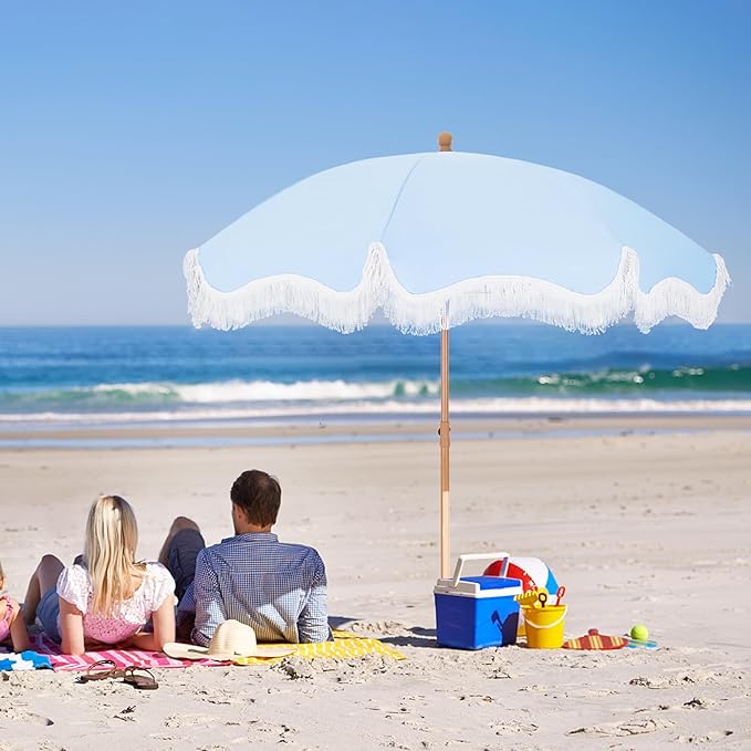 MFSTUDIO 7ft Beach Umbrella with Fringe, Tassel Umbrellas UPF50+ with Tilt Button & Crank, Holiday Outdoor Umbrella with Carry Bag, Ideal for Garden Lawn Poolside, Blue