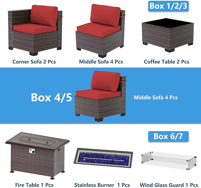 Outdoor Patio Furniture Set with Gas Fire Pit Table, 10 Pieces Outdoor Furniture Set Patio Sectional Sofa w/43in Propane Fire Pit, PE Wicker Rattan Patio Conversation Sets -Red.