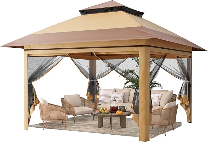 Driftalia 13x13 Pop Up Gazebo, Instant Outdoor Gazebo with Mosquito Netting, Vented Roof and Carry Bag for Patio, Garden & Backyard - Beige & Coffee