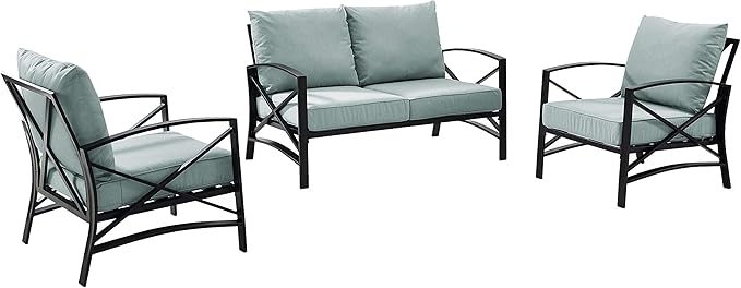 Crosley Furniture Kaplan 3-Piece Outdoor Loveseat Patio Furniture Set, Conversation Sets for Porch, Deck, Oiled Bronze with Mist Cushions
