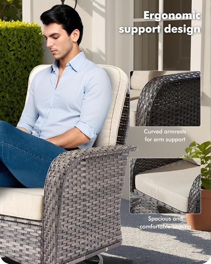 CAODOC 3-Piece Swivel Rocking Rattan Chair Outdoor, Patio Bistro Furniture Conversation Set, Wicker Chair with Coffee Table Beige