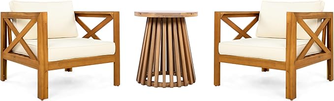 Christopher Knight Home Lucy Acacia Wood Outdoor Patio Furniture Set, 3 Pieces Patio Set, Round Side Table and ArmChairs Conversation Set with Cushion for Garden Lawn Balcony, Beige + Light Teak